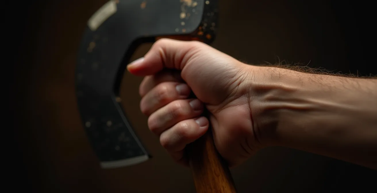 Gros plan sur une main tenant une baguette 5A montrant l'alignement naturel des articulations